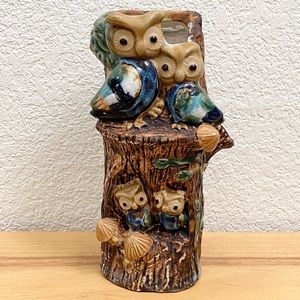 MidMod Mid Century Modern Ceramic Pottery Owl Family Tree Trunk Mushroom Vase